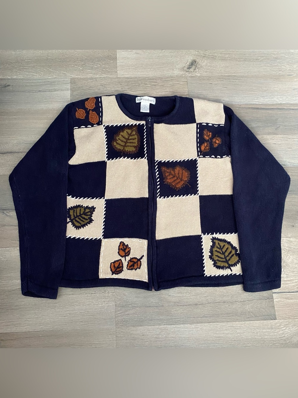 Vintage Dressbarn Knit Embroidered Leaf Fall Sweater Jacket Medium Grannycore M